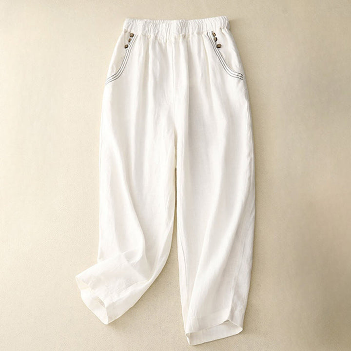 Pantalones harén de algodón para mujer con bolsillos y diseño informal de botones de colores puros Buddha Stones Commute, longitud 7-8 - Blanco - US8-10，UK/AU12-14，EU40-42 (2XL) - image 11