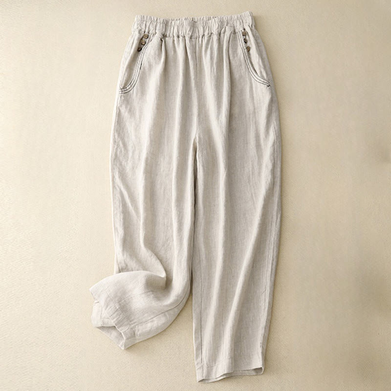 Pantalones harén de algodón para mujer con bolsillos y diseño informal de botones de colores puros Buddha Stones Commute, longitud 7-8 - Lino - US8-10，UK/AU12-14，EU40-42 (2XL) - image 3