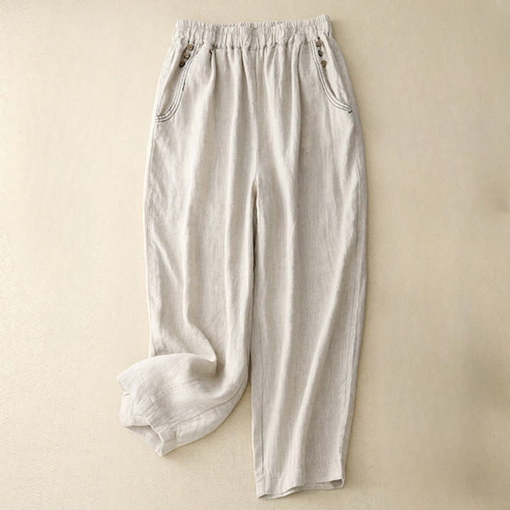 Pantalones harén de algodón para mujer con bolsillos y diseño informal de botones de colores puros Buddha Stones Commute, longitud 7-8 - Lino - US8-10，UK/AU12-14，EU40-42 (2XL) - image 3