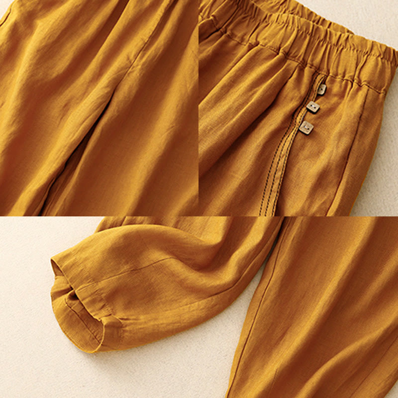 Pantalones harén de algodón para mujer con bolsillos y diseño informal de botones de colores puros Buddha Stones Commute, longitud 7-8 - image 16