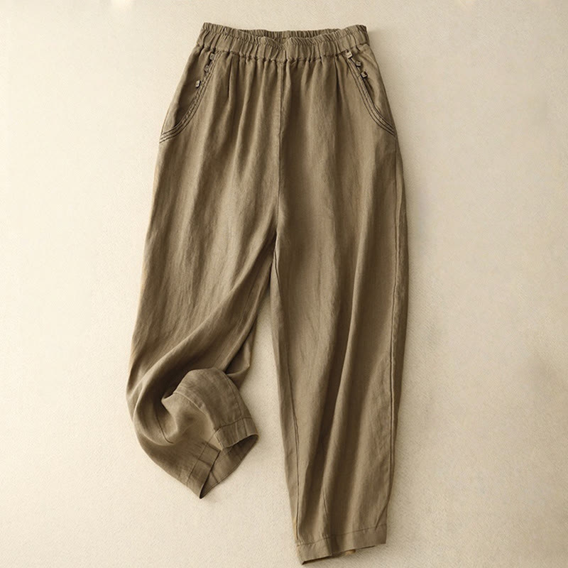 Pantalones harén de algodón para mujer con bolsillos y diseño informal de botones de colores puros Buddha Stones Commute, longitud 7-8 - SaddleBrown - US8-10，UK/AU12-14，EU40-42 (2XL) - image 0