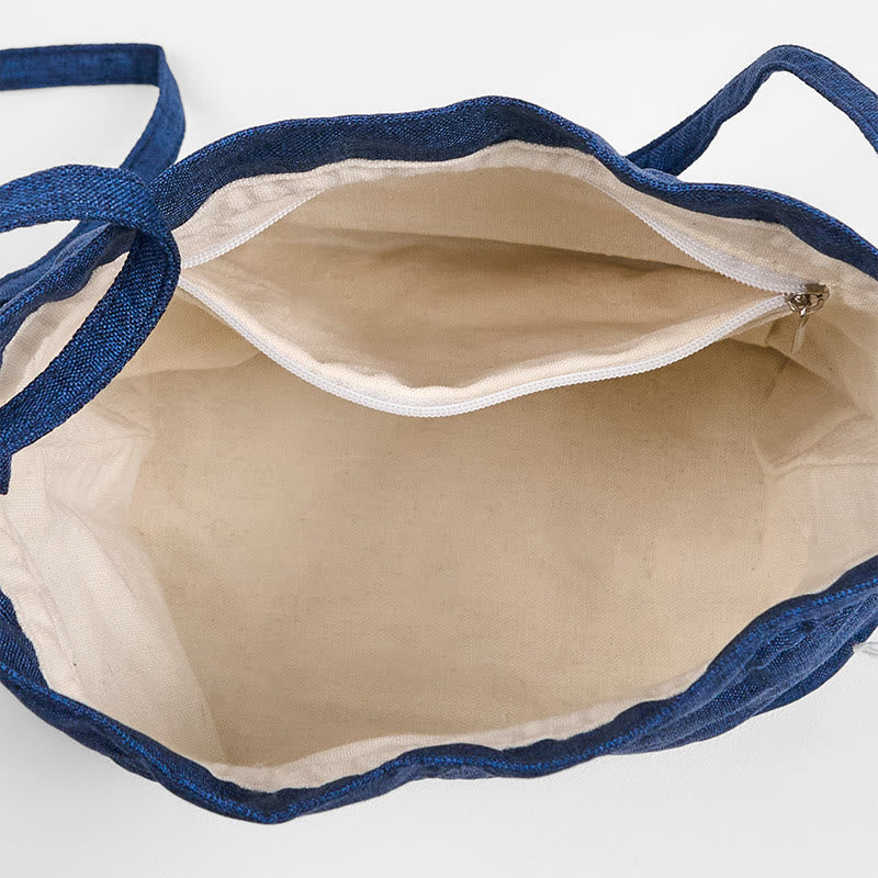 Bolso bandolera de lino y algodón con grulla azul marino bordada con Buddha Stones