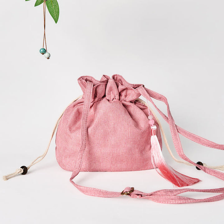 Bolso bandolera de lino y algodón con loto rosa claro bordado con Buddha Stones
