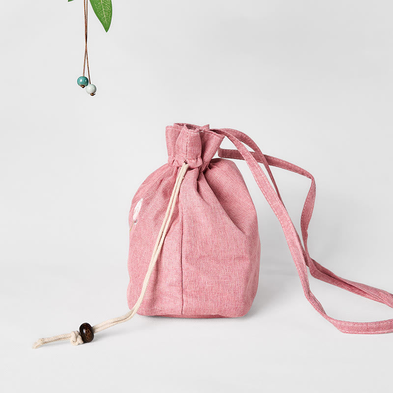 Bolso bandolera de lino y algodón con loto rosa claro bordado con Buddha Stones
