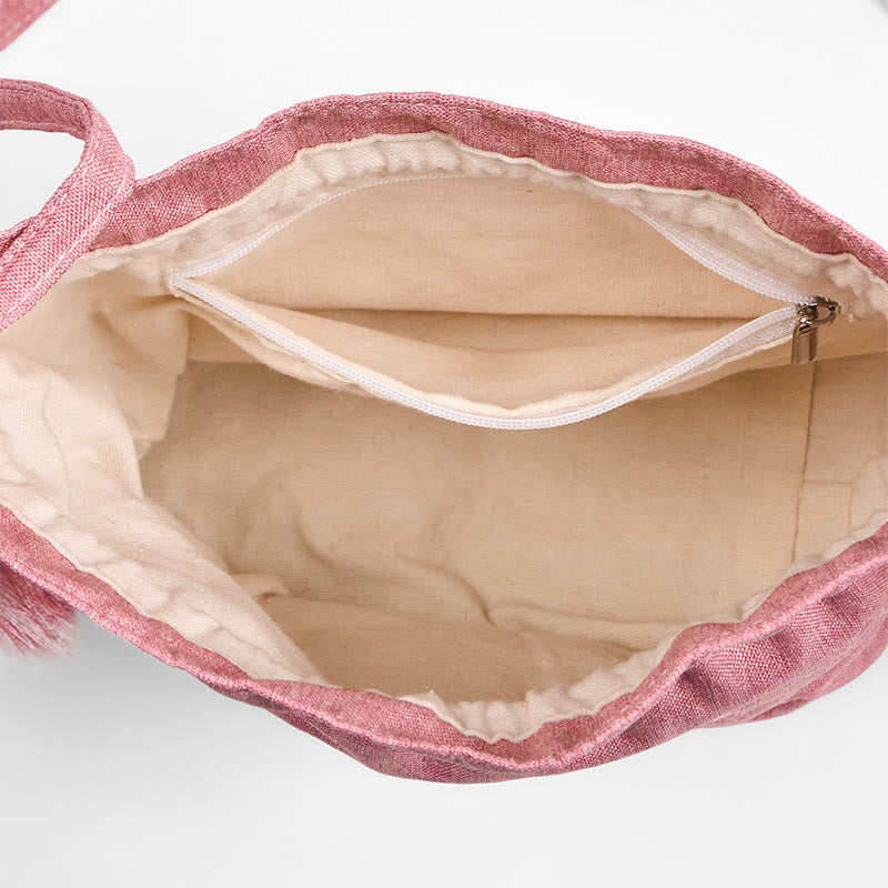 Bolso bandolera de lino y algodón con loto rosa claro bordado con Buddha Stones