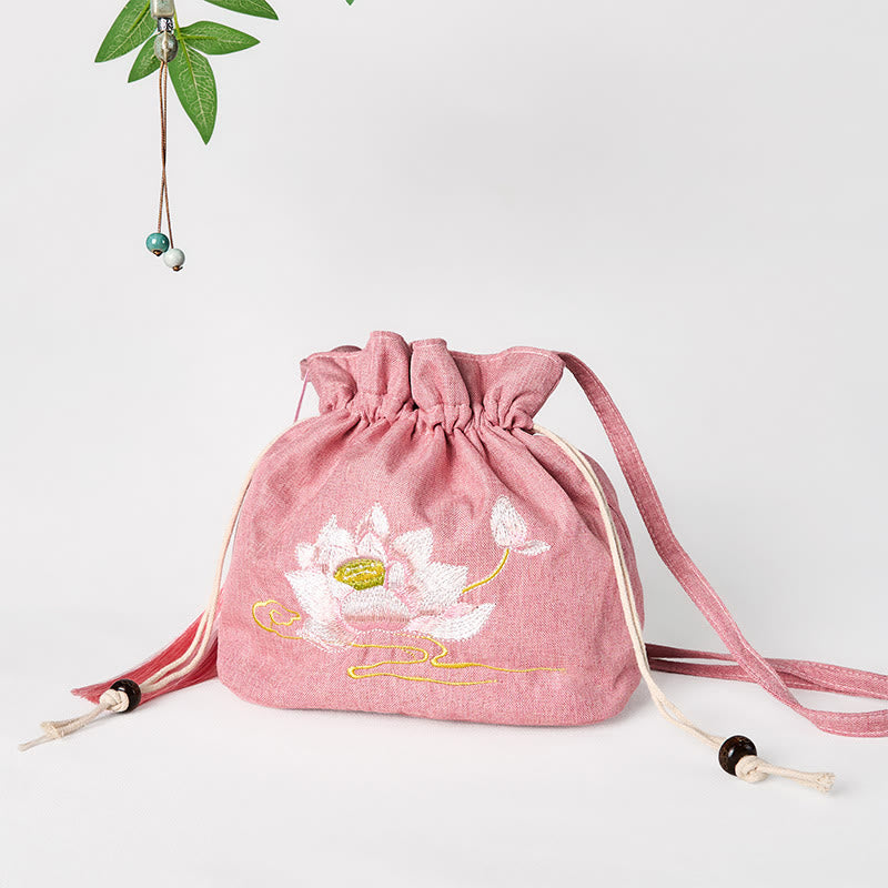 Bolso bandolera de lino y algodón con loto rosa claro bordado con Buddha Stones
