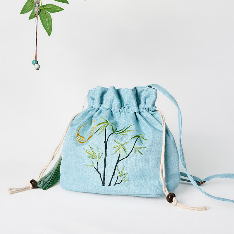 Bolso bandolera de lino y algodón de bambú verde con bordado de Buddha Stones