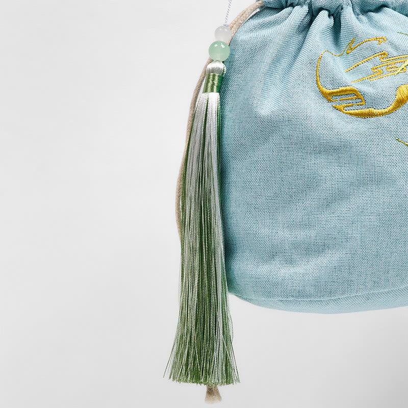 Bolso bandolera de lino y algodón de bambú verde con bordado de Buddha Stones