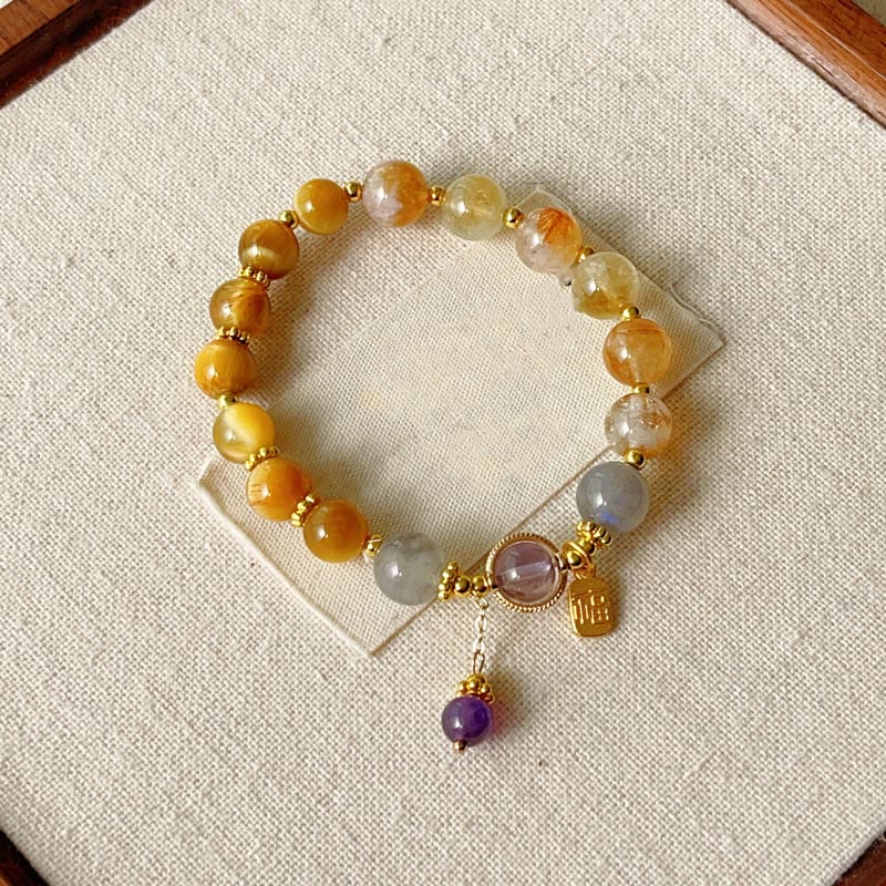 Pulsera de prosperidad con Buddha Stones, citrino natural, ojo de tigre y carácter Fu - Citrino y ojo de tigre (circunferencia de la muñeca: 15-16 cm) - image 1