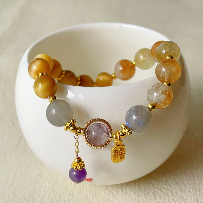 Pulsera de prosperidad con Buddha Stones, citrino natural, ojo de tigre y carácter Fu - image 2