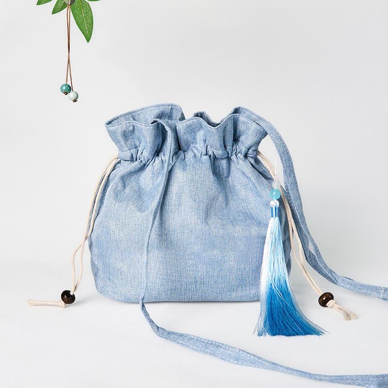 Bolso bandolera de lino y algodón con bordado de Buddha Stones, ciervo azul claro, nubes auspiciosas