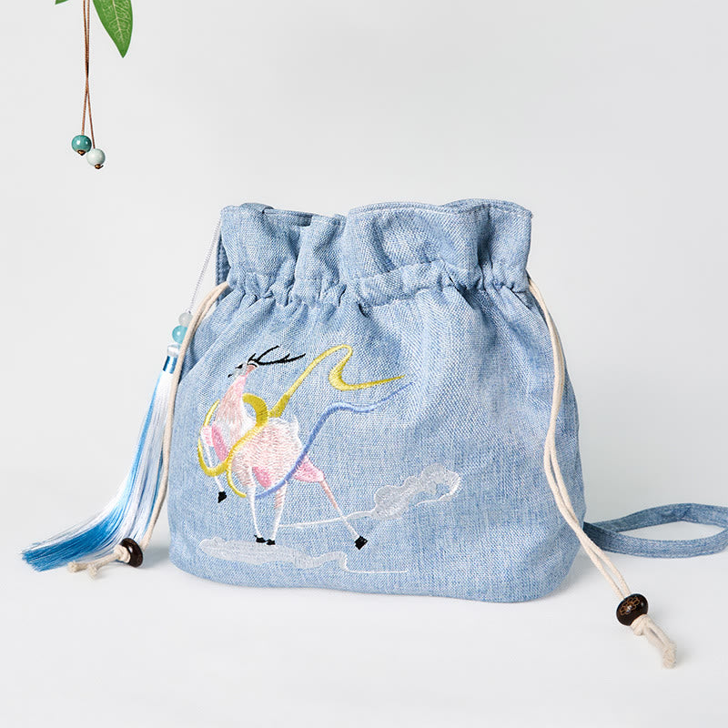 Bolso bandolera de lino y algodón con bordado de Buddha Stones, ciervo azul claro, nubes auspiciosas