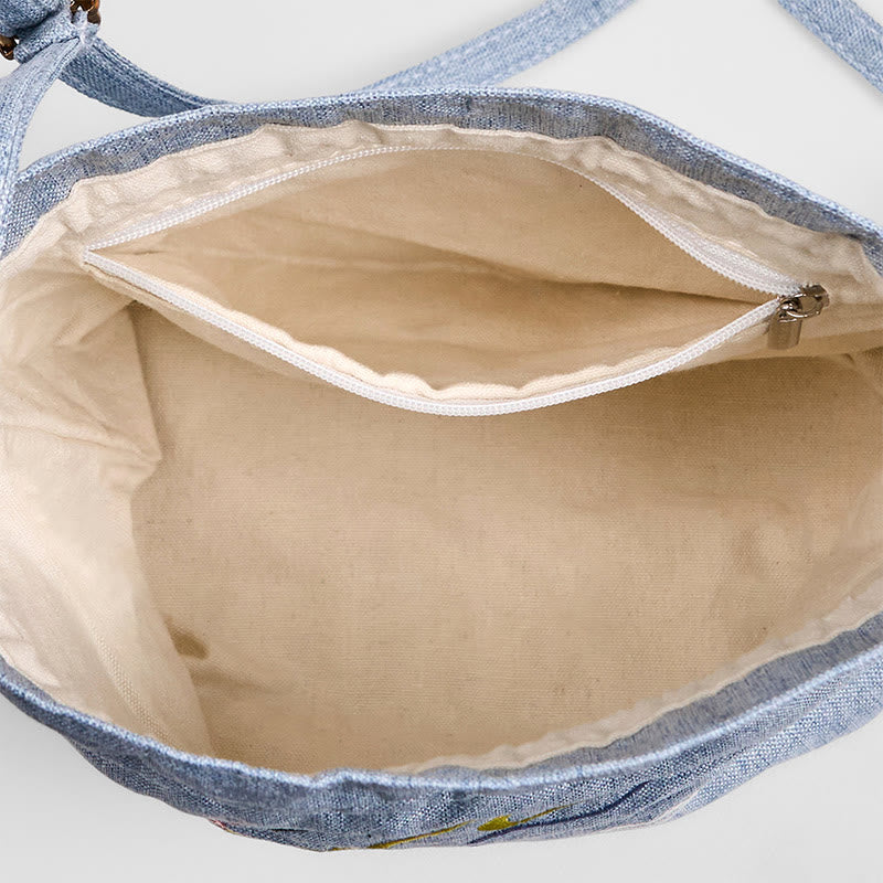 Bolso bandolera de lino y algodón con bordado de Buddha Stones, ciervo azul claro, nubes auspiciosas