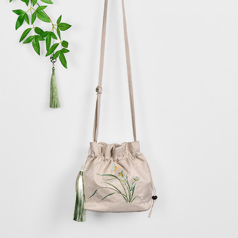 Bolso bandolera de lino y algodón con orquídea beige bordada con Buddha Stones