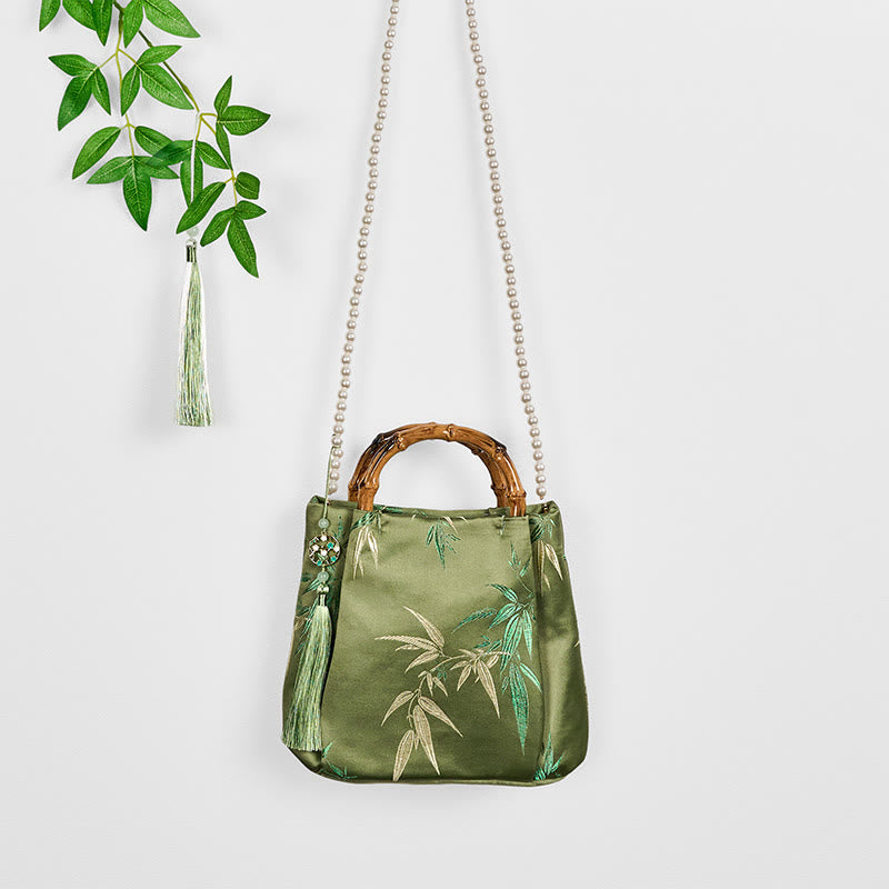 Bolso bandolera con asa de bambú y perlas, con bordado de hojas y Buddha Stones
