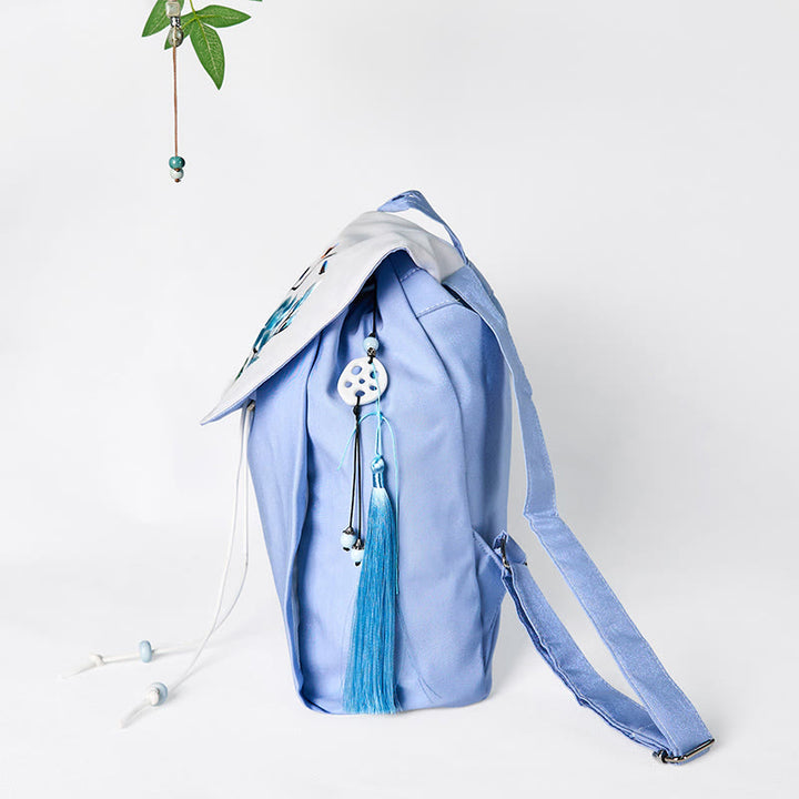Mochila de lona de gran capacidad con bordado de magnolia azul hecha a mano con Buddha Stones