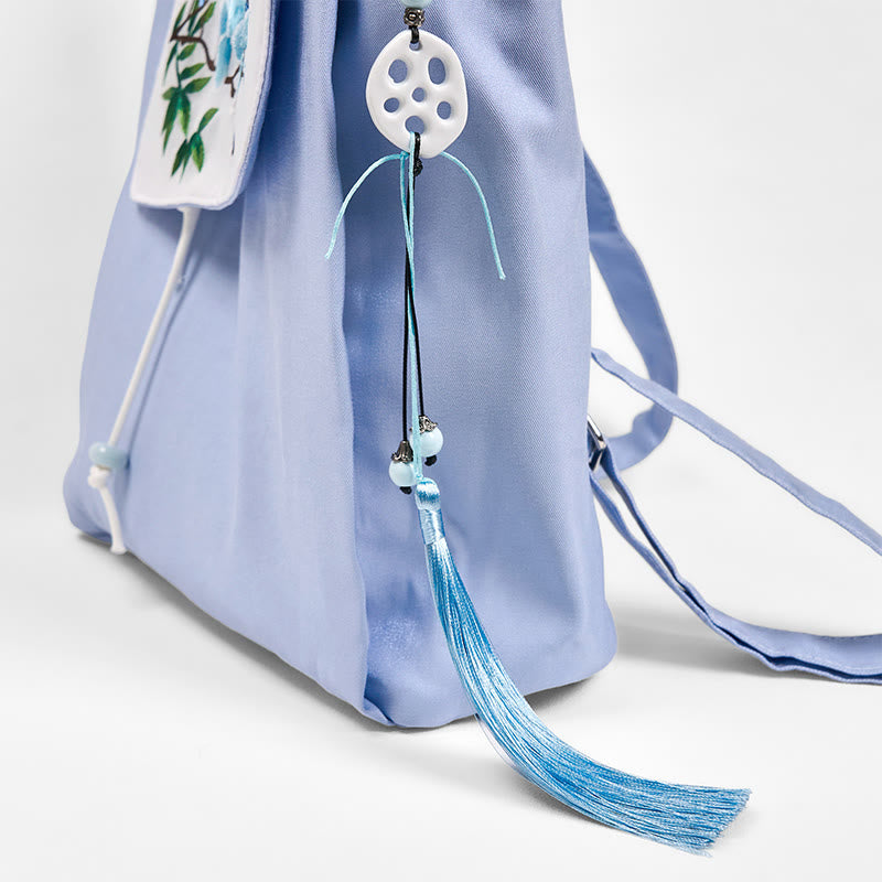 Mochila de lona de gran capacidad con bordado de magnolia azul hecha a mano con Buddha Stones