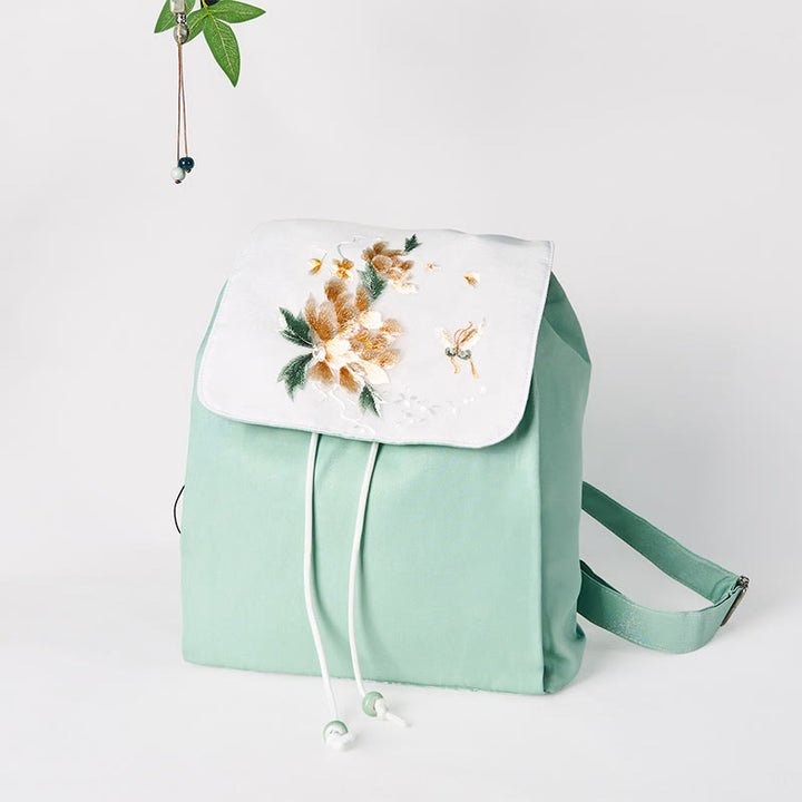 Mochila de lona de gran capacidad con bordado de flores de peonía verde hechas a mano con Buddha Stones