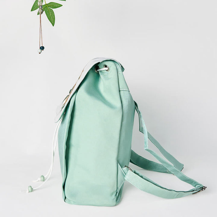 Mochila de lona de gran capacidad con bordado de flores de peonía verde hechas a mano con Buddha Stones
