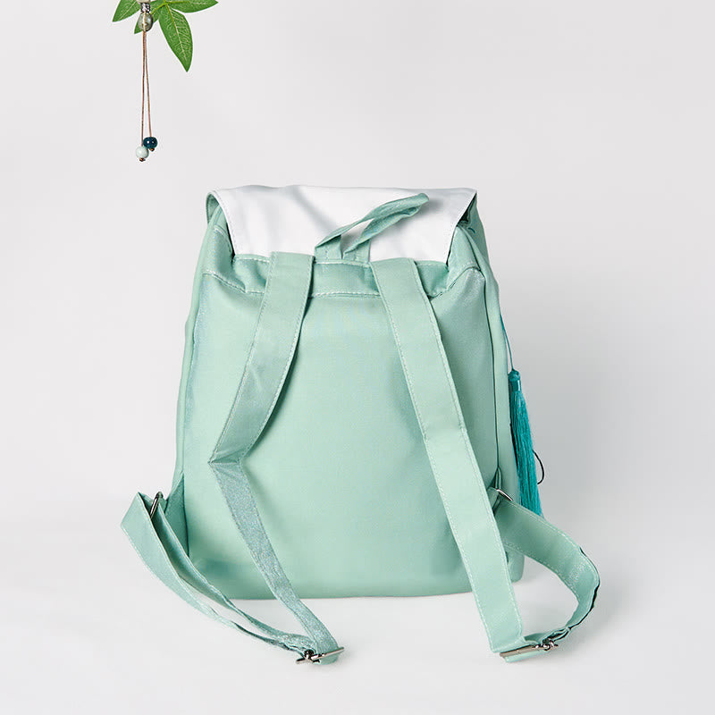 Mochila de lona de gran capacidad con bordado de flores de peonía verde hechas a mano con Buddha Stones