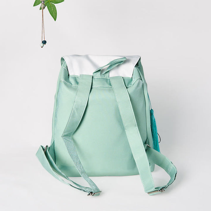 Mochila de lona de gran capacidad con bordado de flores de peonía verde hechas a mano con Buddha Stones