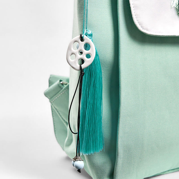 Mochila de lona de gran capacidad con bordado de flores de peonía verde hechas a mano con Buddha Stones