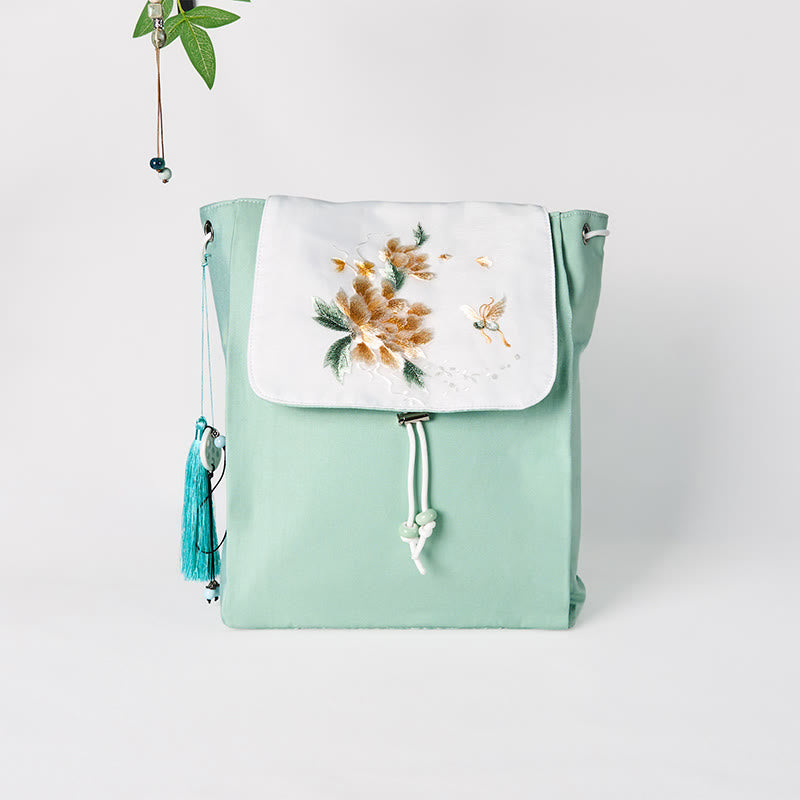 Mochila de lona de gran capacidad con bordado de flores de peonía verde hechas a mano con Buddha Stones