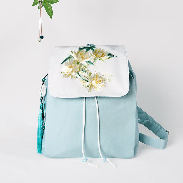 Mochila de lona de gran capacidad con bordado de epifilo azul, hecha a mano con Buddha Stones