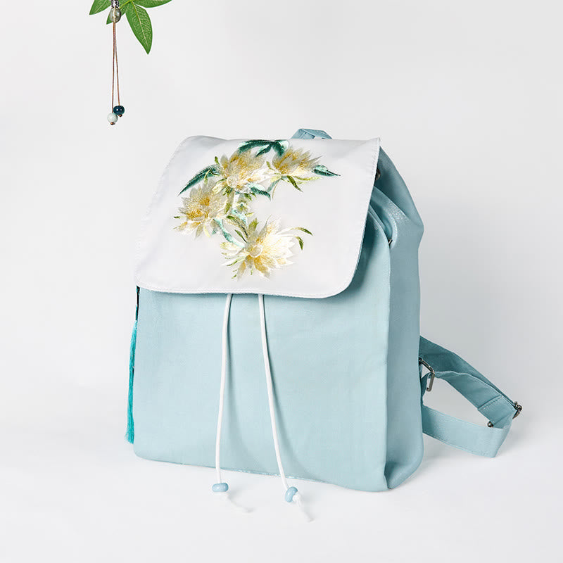 Mochila de lona de gran capacidad con bordado de epifilo azul, hecha a mano con Buddha Stones