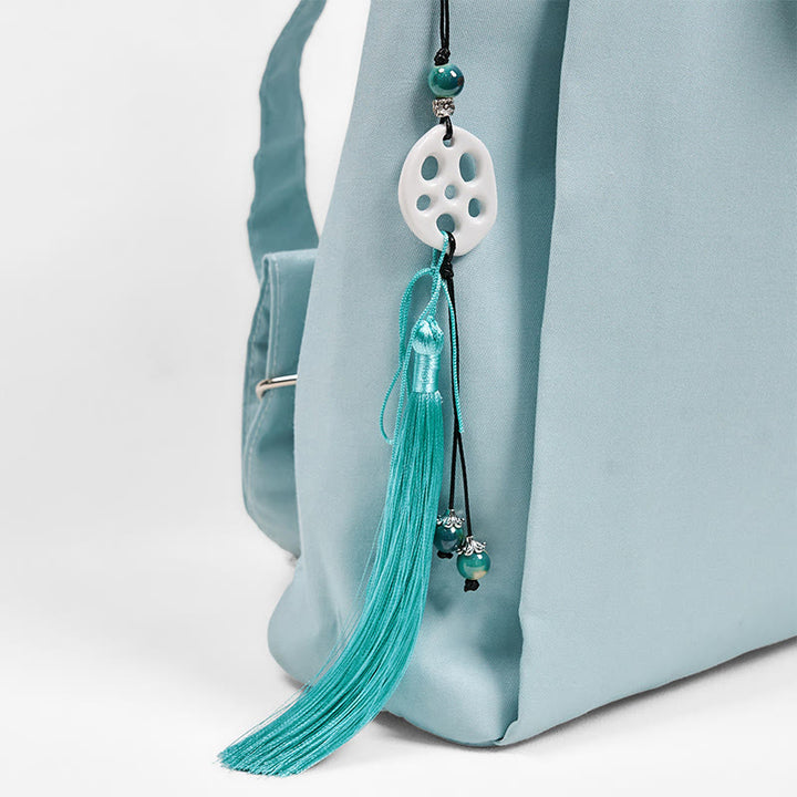 Mochila de lona de gran capacidad con bordado de epifilo azul, hecha a mano con Buddha Stones