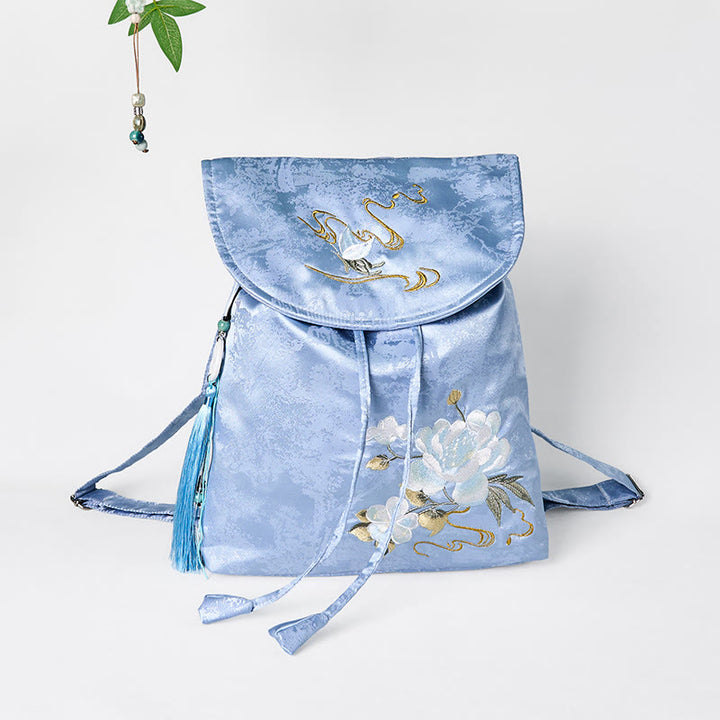 Mochila de poliéster y algodón de gran capacidad con bordado de camelia azul y Buddha Stones , hecha a mano