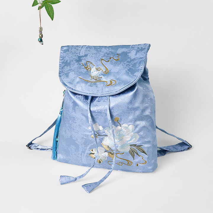 Mochila de poliéster y algodón de gran capacidad con bordado de camelia azul y Buddha Stones , hecha a mano