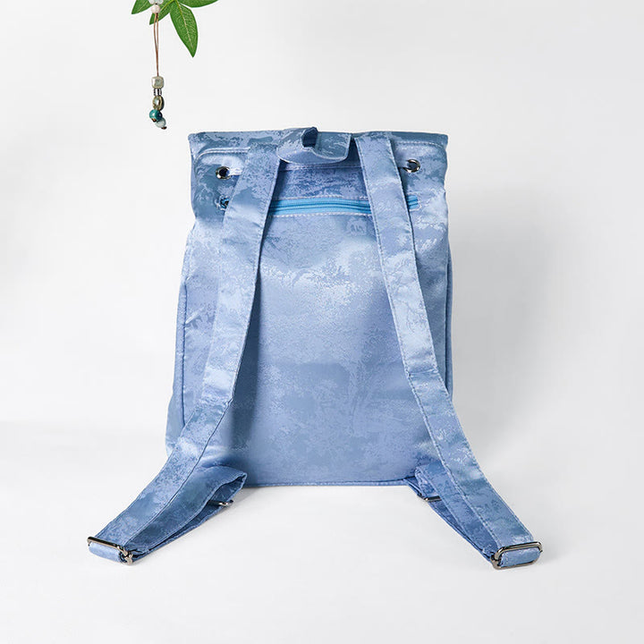Mochila de poliéster y algodón de gran capacidad con bordado de camelia azul y Buddha Stones , hecha a mano
