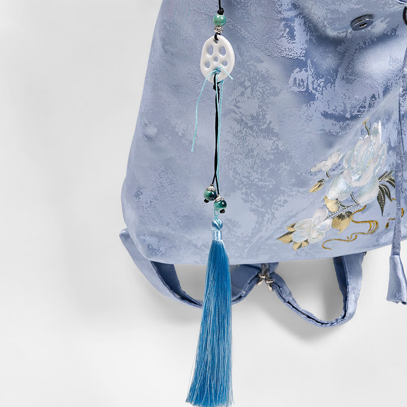 Mochila de poliéster y algodón de gran capacidad con bordado de camelia azul y Buddha Stones , hecha a mano