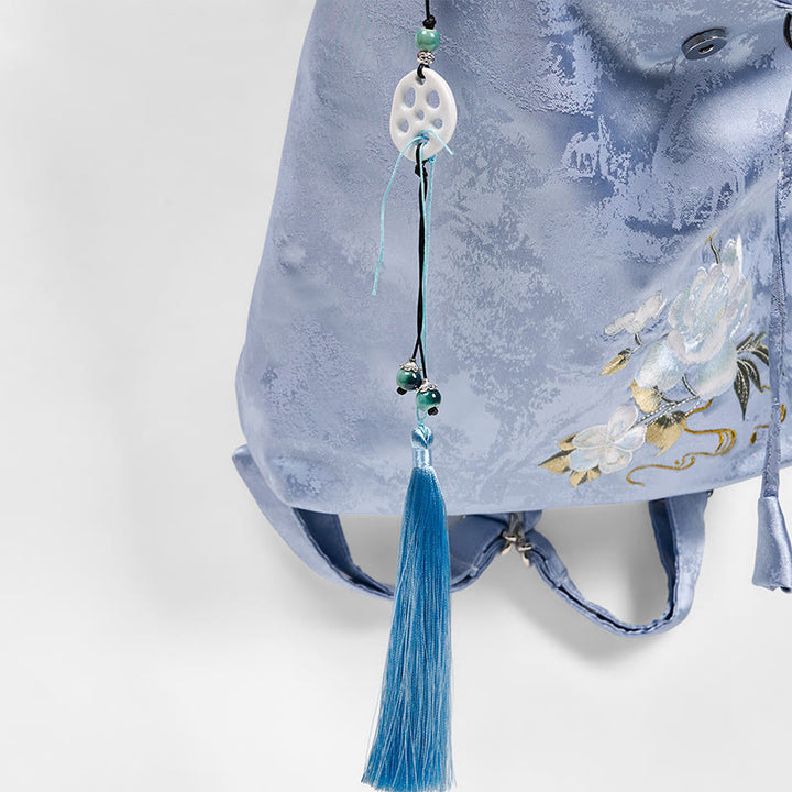 Mochila de poliéster y algodón de gran capacidad con bordado de camelia azul y Buddha Stones , hecha a mano