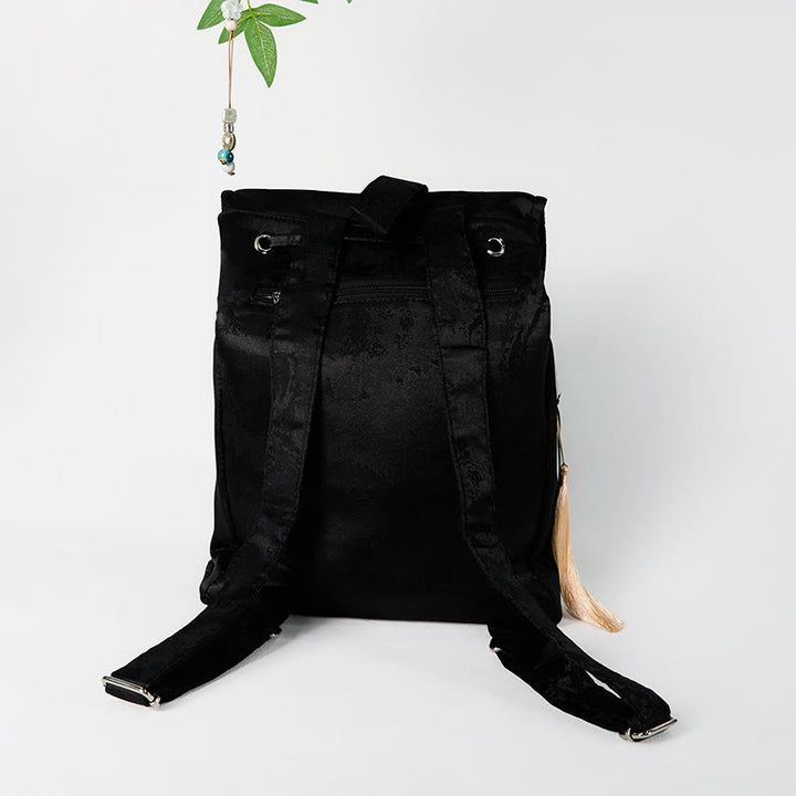 Mochila de poliéster y algodón de gran capacidad con peonías negras bordadas a mano con Buddha Stones