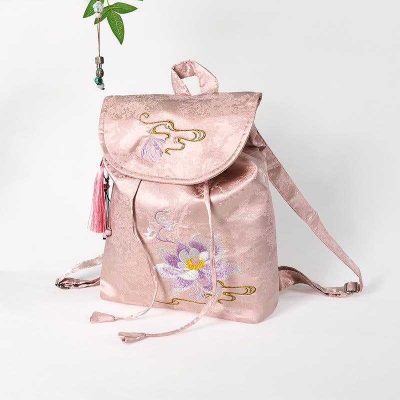 Mochila de poliéster y algodón de gran capacidad con bordado de loto rosa y Buddha Stones , hecha a mano