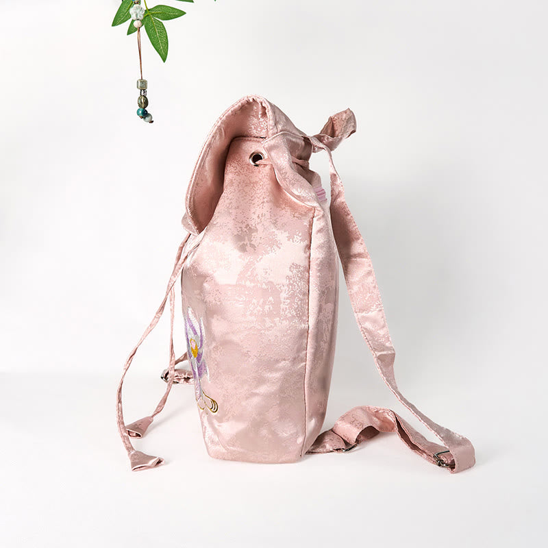 Mochila de poliéster y algodón de gran capacidad con bordado de loto rosa y Buddha Stones , hecha a mano