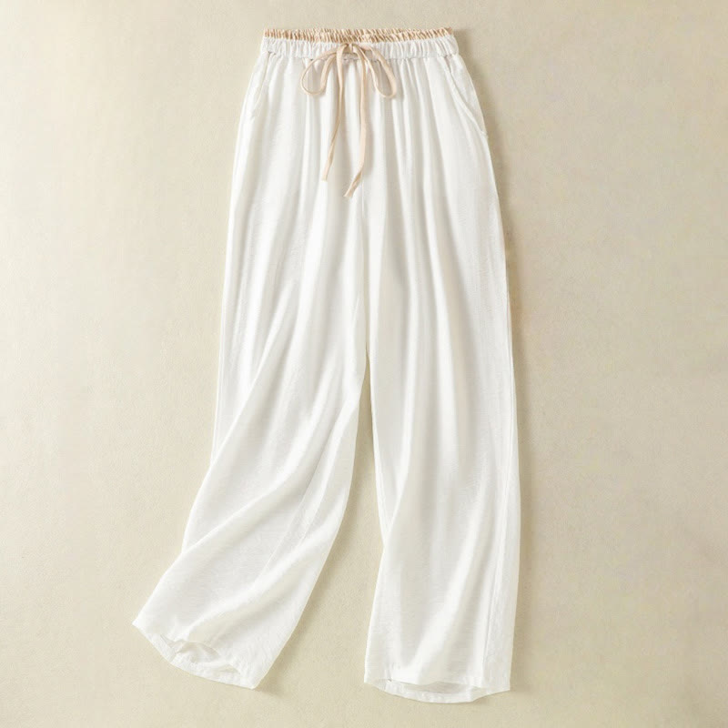 Pantalones de lino y algodón para mujer, estilo vintage, informales, con cordón ajustable, hasta el tobillo, con bolsillos, de Buddha Stones - Blanco - US8-10，UK/AU12-14，EU40-42 (2XL) - image 0