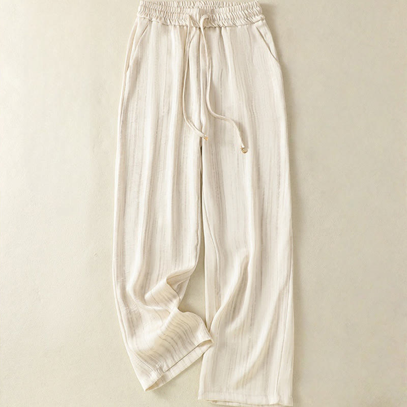 Pantalones casuales con cordón ajustable y bolsillos para mujer, con diseño artístico de líneas verticales y Buddha Stones. - Beige - US8-10，UK/AU12-14，EU40-42 (2XL) - image 0