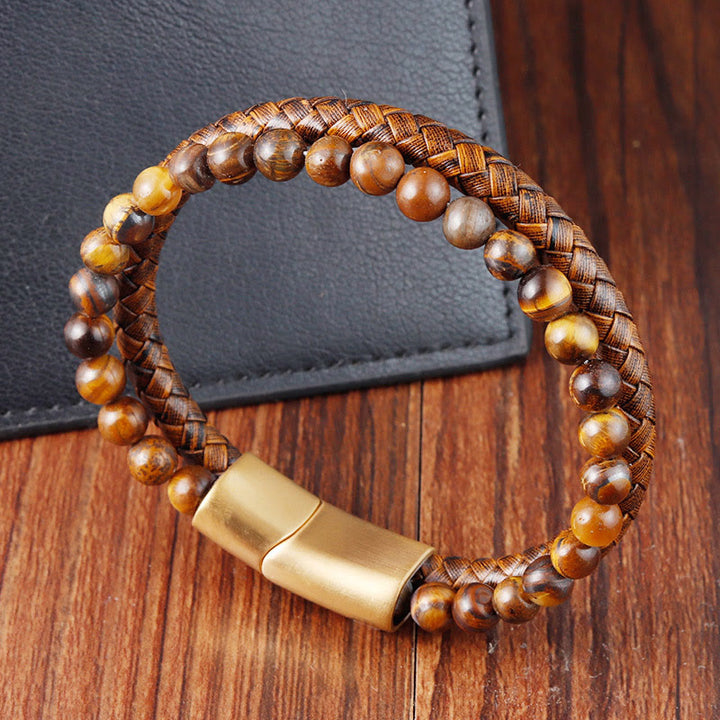 Pulsera de cuero con hebilla de acero y titanio con cuentas de ojo de tigre tejidas en varias capas de Buddha Stones - image 4