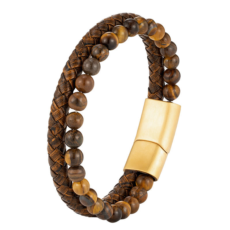 Pulsera de cuero con hebilla de acero y titanio con cuentas de ojo de tigre tejidas en varias capas de Buddha Stones - image 5