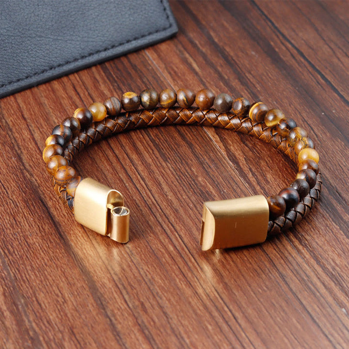Pulsera de cuero con hebilla de acero de titanio y múltiples capas tejidas con cuentas de piedra ojo de tigre y Buddha Stones. - image 5
