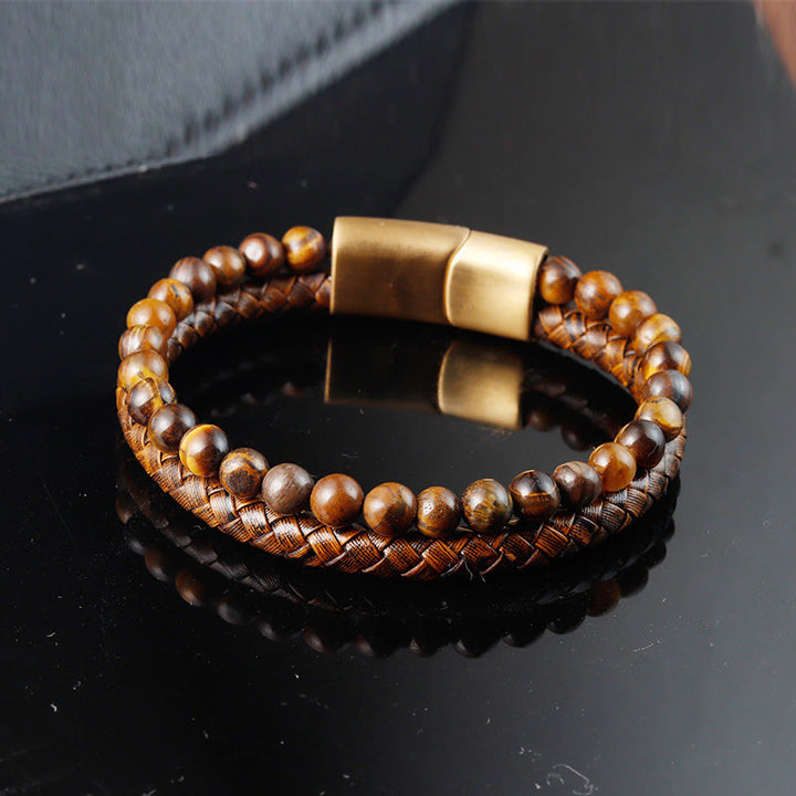 Pulsera de cuero con hebilla de acero y titanio con cuentas de ojo de tigre tejidas en varias capas de Buddha Stones - Ojo de tigre (circunferencia de la muñeca: 17-19 cm) - image 1