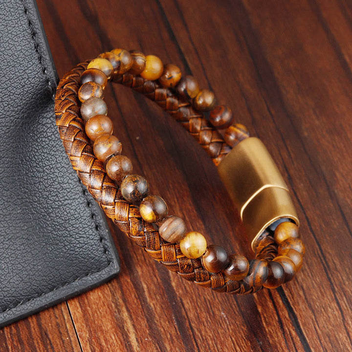 Pulsera de cuero con hebilla de acero y titanio con cuentas de ojo de tigre tejidas en varias capas de Buddha Stones - image 3