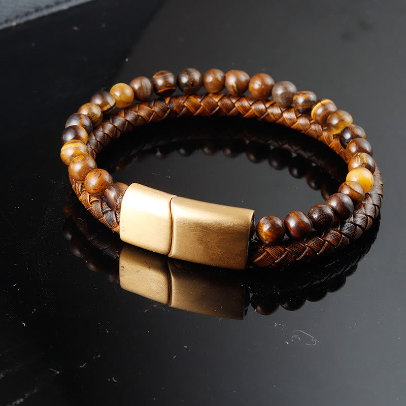 Pulsera de cuero con hebilla de acero y titanio con cuentas de ojo de tigre tejidas en varias capas de Buddha Stones - image 2