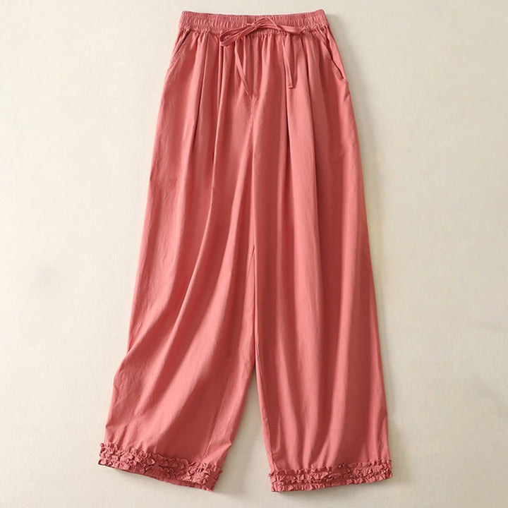 Pantalones de algodón para mujer con diseño de patchwork, dobladillo con volantes y bolsillos, hasta el tobillo y cordón Buddha Stones . - Tomate - US12, UK/AU16, EU44 (2XL) - image 1