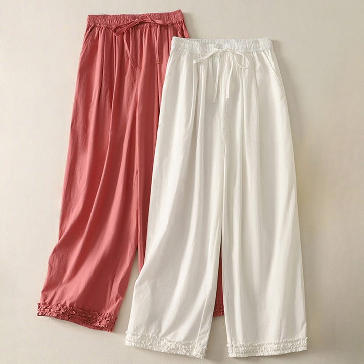 Pantalones de algodón para mujer con diseño de patchwork, dobladillo con volantes y bolsillos, hasta el tobillo y cordón Buddha Stones . - image 15