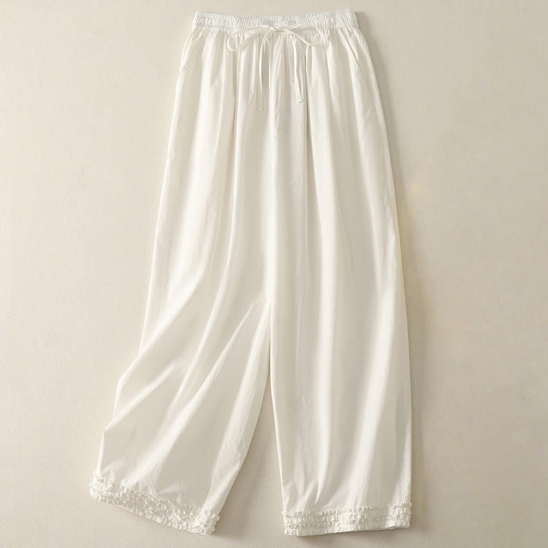 Pantalones de algodón para mujer con diseño de patchwork, dobladillo con volantes y bolsillos, hasta el tobillo y cordón Buddha Stones . - Blanco - US12, UK/AU16, EU44 (2XL) - image 6