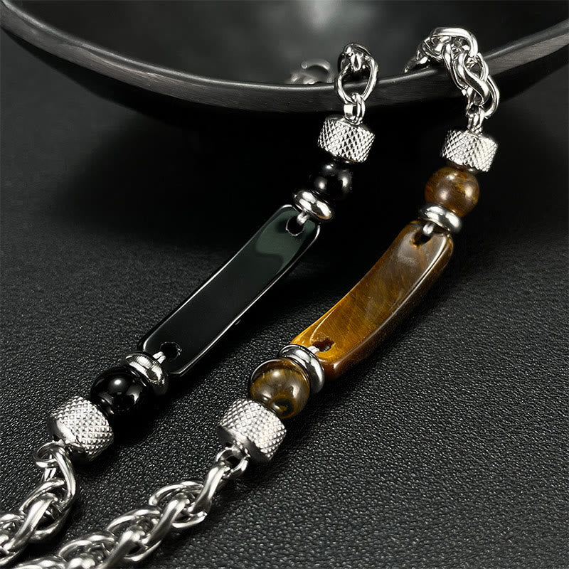 Pulsera con hebilla de acero y titanio de piedra de obsidiana negra y ojo de tigre de Buddha Stones